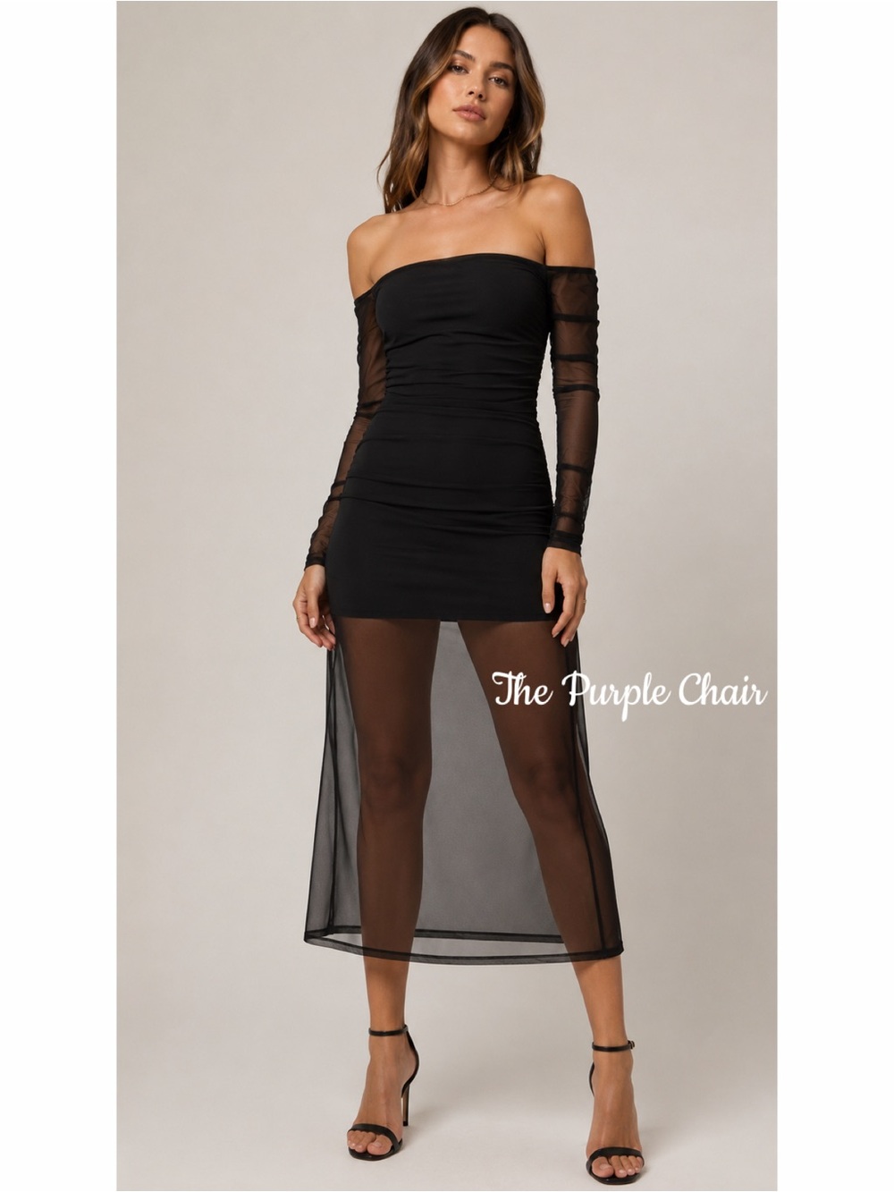 ENDLESS ROSE NWT Black Ruched Mesh Off The Shoulder Midi Dress S